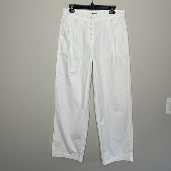 J.CREW Pleated Pants Women 10 Button Front Wide Leg Chino Cotton White BZ697 - Picture 1 of 13